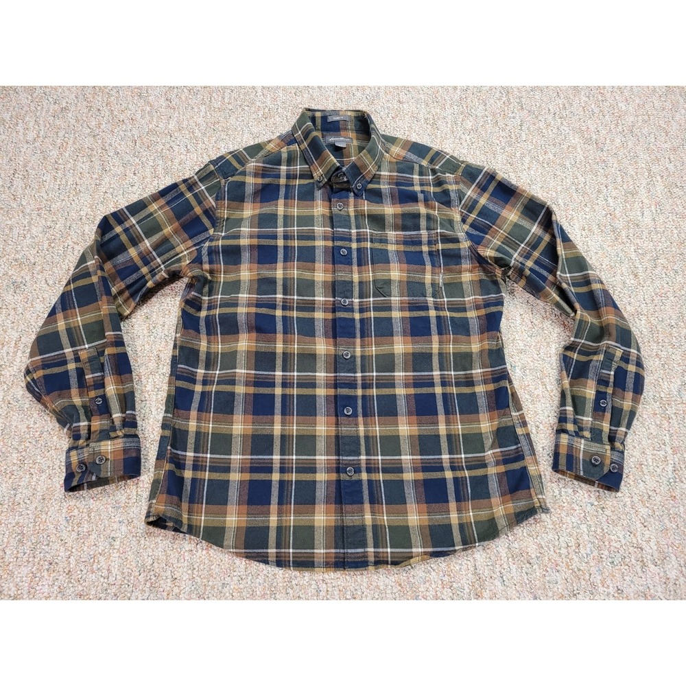 Eddie Bauer Flannel Shirt Mens Large Brown Green Plaid Cotton Outdoor Classic